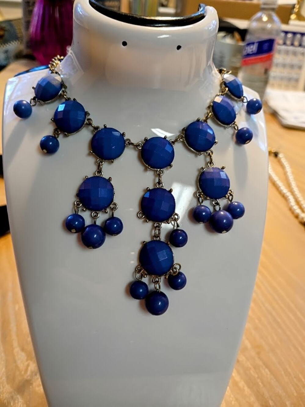 Blue Bubble Bib Statement Fashion Necklace Silver Tone Adjustable 21"